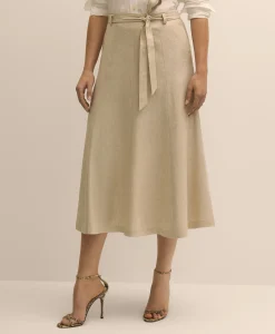 Linen-Blend Belted A-Line Skirt