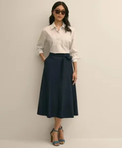 Linen-Blend Belted A-Line Skirt