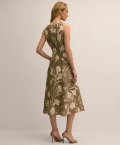 Linen Blend Belted Floral Print Dress