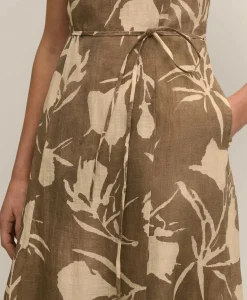 Linen Blend Belted Floral Print Dress