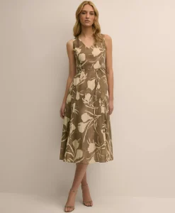 Linen Blend Belted Floral Print Dress