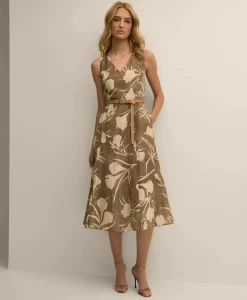 Linen Blend Belted Floral Print Dress