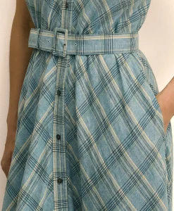 Linen Blend Plaid Belted Sleeveless Dress