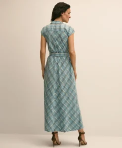 Linen Blend Plaid Belted Sleeveless Dress