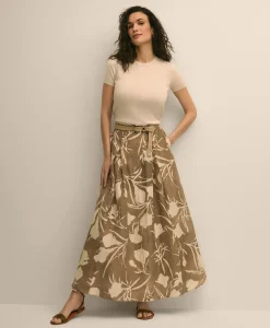 Linen-Blend Pleated Floral A-Line Skirt