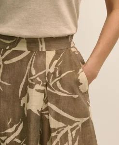 Linen-Blend Pleated Floral A-Line Skirt