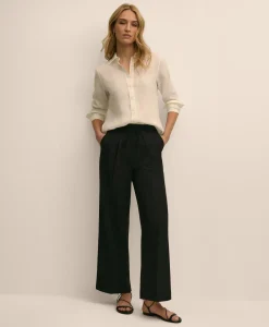 Linen-Cotton Blend Tie-Waist Wide-Leg Pants