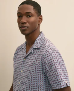 Linen-Cotton Camp Collar, Foulard Short-Sleeve Shirt