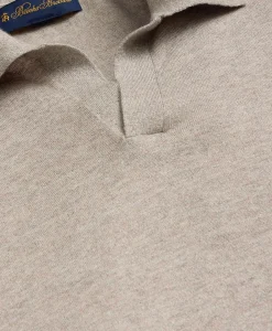 Linen-Cotton-Cashmere Short-Sleeve Mouliné Johnny Collar Sweater