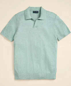 Linen-Cotton-Cashmere Short-Sleeve Mouliné Johnny Collar Sweater