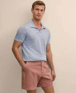 Linen-Cotton-Cashmere Short-Sleeve Mouliné Johnny Collar Sweater