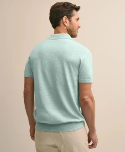 Linen-Cotton-Cashmere Short-Sleeve Mouliné Johnny Collar Sweater