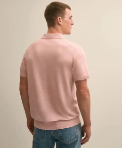Linen-Cotton-Cashmere Short-Sleeve Mouliné Johnny Collar Sweater