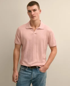 Linen-Cotton-Cashmere Short-Sleeve Mouliné Johnny Collar Sweater