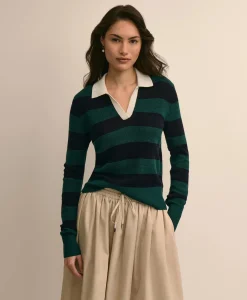 Merino Wool Striped Johnny Collar Sweater