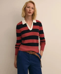 Merino Wool Striped Johnny Collar Sweater