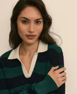 Merino Wool Striped Johnny Collar Sweater