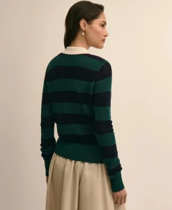 Merino Wool Striped Johnny Collar Sweater