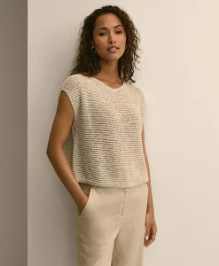 Relaxed Cotton Blend Short-Sleeve Shimmer Sweater