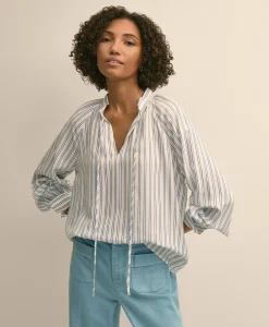 Relaxed Tie-Neck Stripe Peasant Blouse