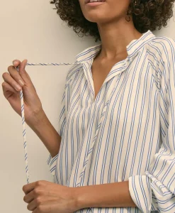 Relaxed Tie-Neck Stripe Peasant Blouse
