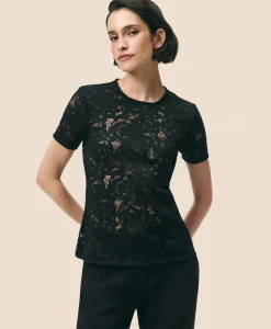 Semi-Sheer Short-Sleeve Top in Floral Lace