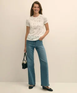 Semi-Sheer Short-Sleeve Top in Floral Lace