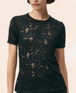 Semi-Sheer Short-Sleeve Top in Floral Lace