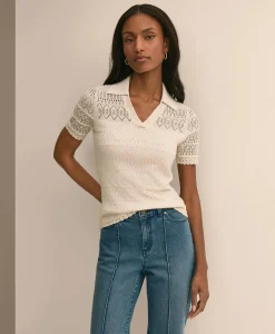 Silk-Cotton Short-Sleeve Johnny Collar Pointelle Sweater
