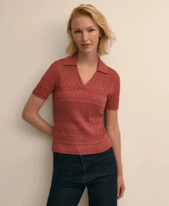 Silk-Cotton Short-Sleeve Johnny Collar Pointelle Sweater