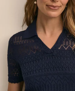 Silk-Cotton Short-Sleeve Johnny Collar Pointelle Sweater