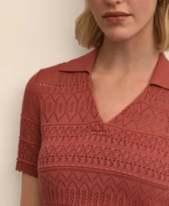 Silk-Cotton Short-Sleeve Johnny Collar Pointelle Sweater
