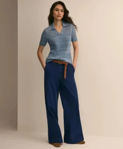 Silk-Cotton Short-Sleeve Johnny Collar Pointelle Sweater