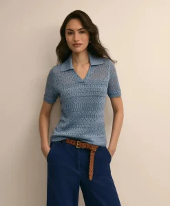 Silk-Cotton Short-Sleeve Johnny Collar Pointelle Sweater