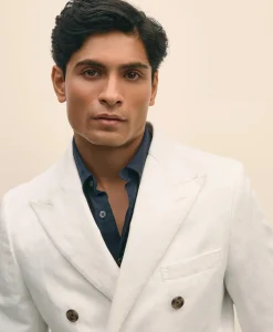 Slim Fit Cotton-Linen Herringbone Double-Breasted Suit Jacket
