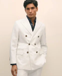 Slim Fit Cotton-Linen Herringbone Double-Breasted Suit Jacket