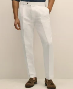 Slim Fit Cotton-Linen Herringbone Single-Pleat Suit Pants