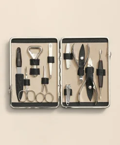 Stainless Steel Manicure Set With Calfskin Case