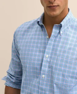 Stretch Cotton Non-Iron Broadcloth Polo Button-Down Collar, Multi-Check Sport Shirt