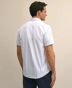 Stretch Cotton Non-Iron Oxford Polo Button Down, Double-Stripe Short Sleeve Sport Shirt