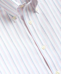 Stretch Cotton Non-Iron Oxford Polo Button Down, Double-Stripe Short Sleeve Sport Shirt