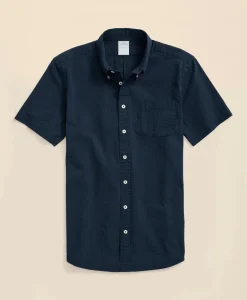 Stretch Cotton Seersucker Button-Down Collar Short-Sleeve Sport Shirt