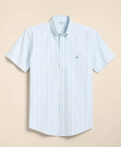 Stretch Non-Iron Cotton-Oxford Polo Button-Down, Short-Sleeve Check Striped Sport Shirt