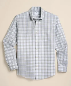 Stretch Supima® Cotton Non-Iron Twill Polo Button Down Collar, Heathered Plaid Sport Shirt