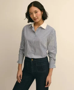 Supima® Cotton Contrast-Collar Stripe Shirt with French Cuffs