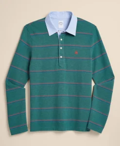 Supima® Cotton Pique Woven-Collar Striped Vintage Polo Shirt