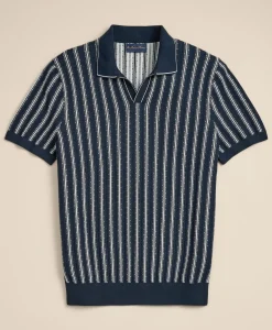 Supima® Cotton Short-Sleeve Striped Johnny Collar Sweater