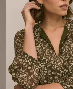 Tie-Neck Pleated Floral-Trellis Print Dress