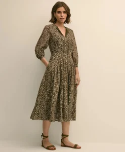 Tie-Neck Pleated Floral-Trellis Print Dress