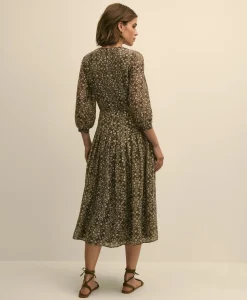 Tie-Neck Pleated Floral-Trellis Print Dress